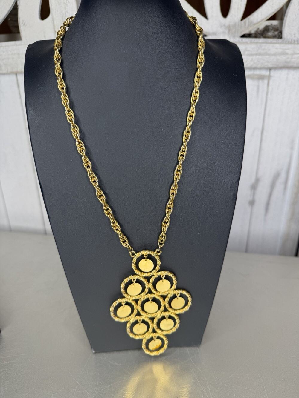 Vintage Cascade Waterfall Mirrored Effect Gold Tone Necklace Oversized 70s Glam